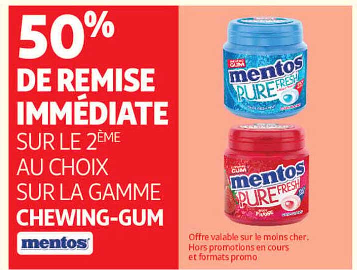 50% DE REMISE IMMÉDIATE SUR LE 2ÈME AU CHOIX SUR LA GAMME CHEWING-GUM mentos
