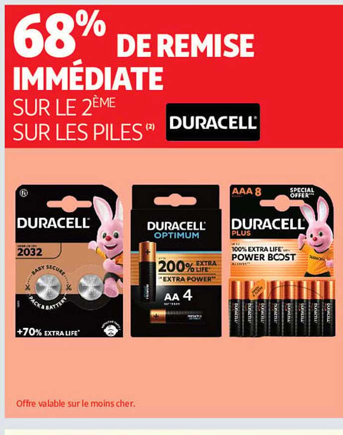 68% DE REMISE IMMÉDIATE SUR LE 2ÈME SUR LES PILES (2) DURACELL