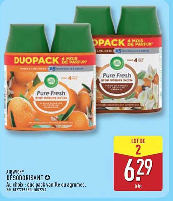 AIR WICK DÉSODORISANT Au choix : duo pack vanille ou agrumes.