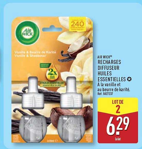 AIR WICK RECHARGES DIFFUSEUR HUILES ESSENTIELLES A la vanille et au beurre de karité. Réf. 5027237