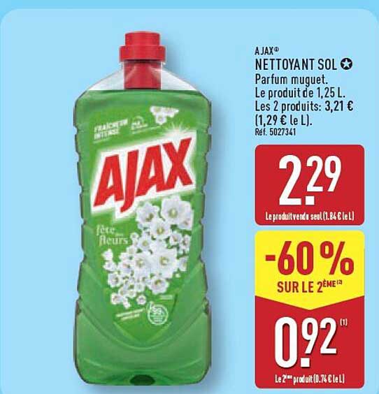 AJAX NETTOYANT SOL Parfum muguet. Le produit de 1,25 L. Les 2 produits: 3,21 € (1,29 € le L.)