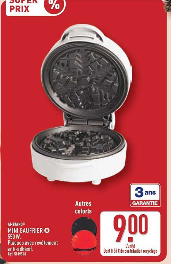 AMBIANO MINI GAUFRIER 550 W. Plaques avec revêtement anti-adhésif.