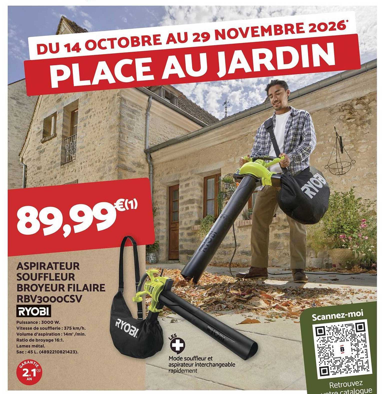 ASPIRATEUR SOUFFLEUR BROYEUR FILAIRE RBV3000CSV RYOBI