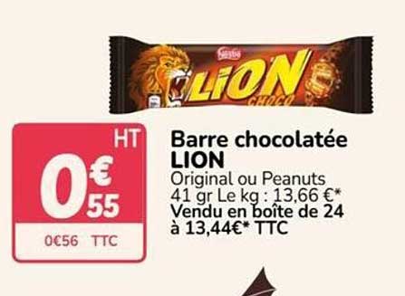 Barre chocolatée LION Original ou Peanuts 41 gr Le kg : 13,66 €* Vendu en boîte de 24 à 13,44€* TTC