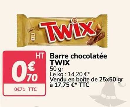 Barre chocolatée TWIX 50 gr Le kg : 14,20 €* Vendu en boîte de 25x50 gr à 17,75 €* TTC
