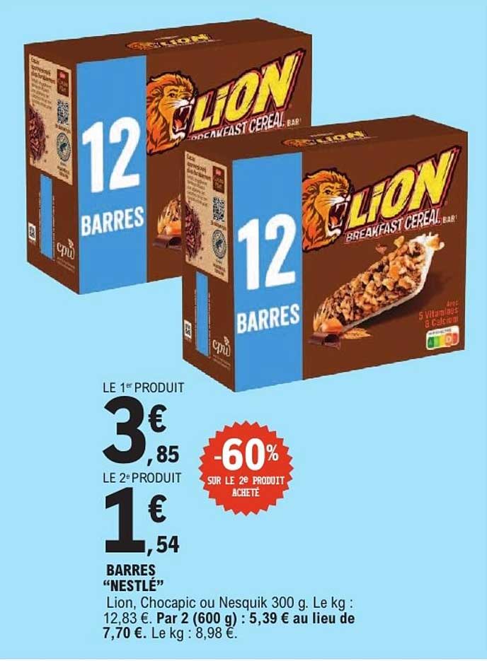 BARRRES “NESTLÉ” Lion, Chocapic ou Nesquik 300 g.