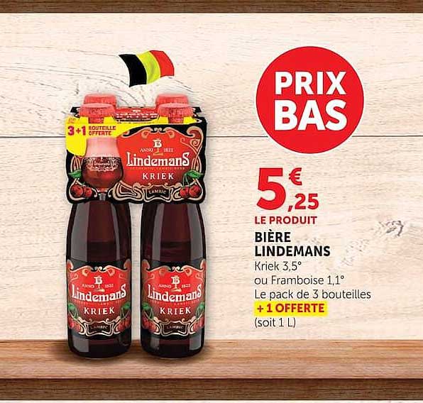 BIÈRE LINDEMANS Kriek 3,5° ou Framboise 1,1° Le pack de 3 bouteilles + 1 OFFERTE
