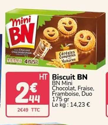 Biscuit BN BN Mini Chocolat, Fraise, Framboise, Duo 175 gr Le kg : 14,23 €