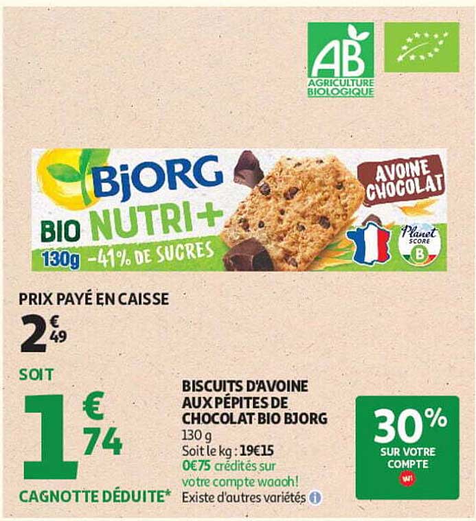 BISCUITS D'AVOINE AUX PÉPITES DE CHOCOLAT BIO BJORG 130 g