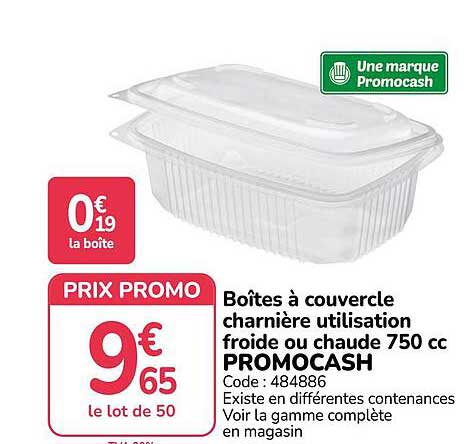 Boîtes à couvercle charnière utilisation froide ou chaude 750 cc PROMOCASH