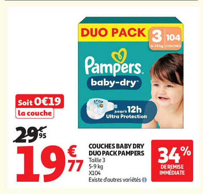 COUCHES BABY DRY DUO PACK PAMPERS