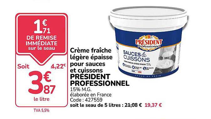 Crème fraîche légère épaisse pour sauces et cuissons PRESIDENT PROFESSIONNEL