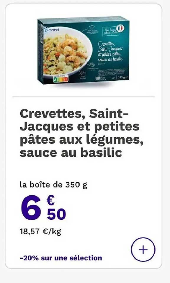 Crevettes, Saint-Jacques et petites pâtes aux légumes, sauce au basilic