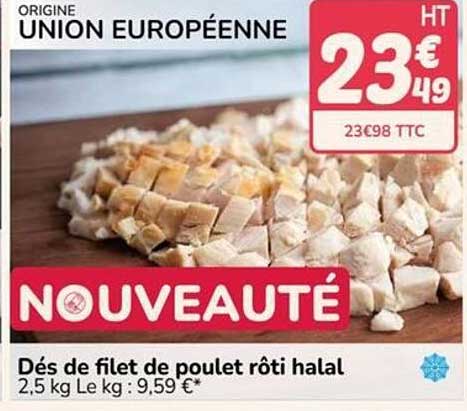 Dés de filet de poulet rôti halal