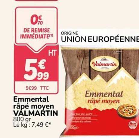 Emmental râpé moyen VALMARTIN 800 gr Le kg : 7,49 €*