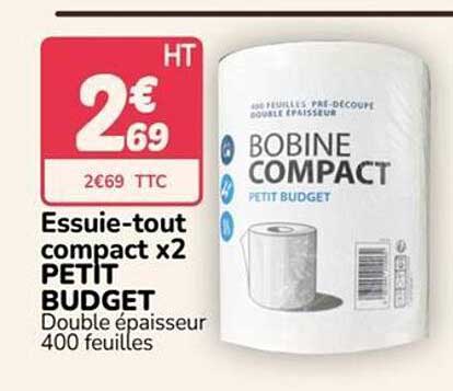 Essuie-tout compact x2 PETIT BUDGET Double épaisseur 400 feuilles
