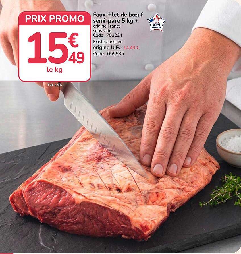 Faux-filet de boeuf semi-paré 5 kg + origine France sous vide