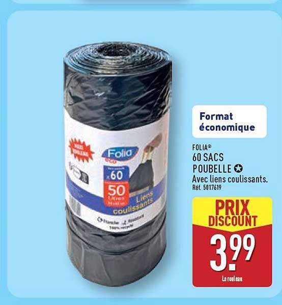 FOLIA® 60 SACS POUBELLE Avec liens coulissants. Réf. 5017619