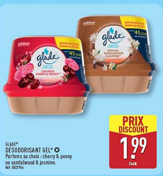 GLADE DÉSODORISANT GEL* Parfums au choix : cherry & peony ou sandalwood & jasmine.