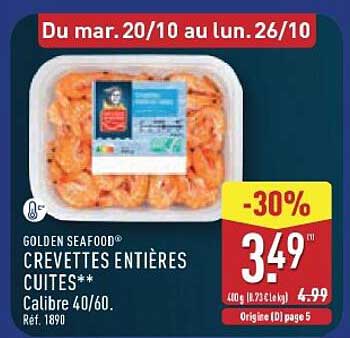 GOLDEN SEAFOOD® CREVETTES ENTIÈRES CUITES** Calibre 40/60. Réf. 1890