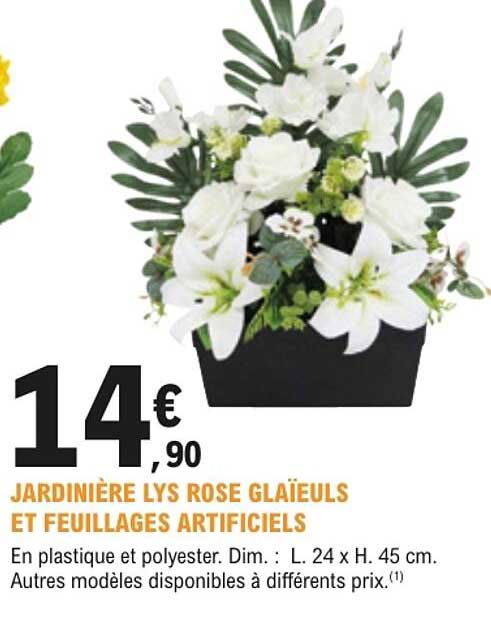 JARDINIÈRE LYS ROSE GLAÏEULS ET FEUILLAGES ARTIFICIELS