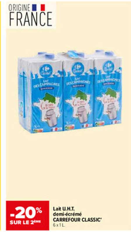 Lait U.H.T. demi-écrémé CARREFOUR CLASSIC' 6 x 1L