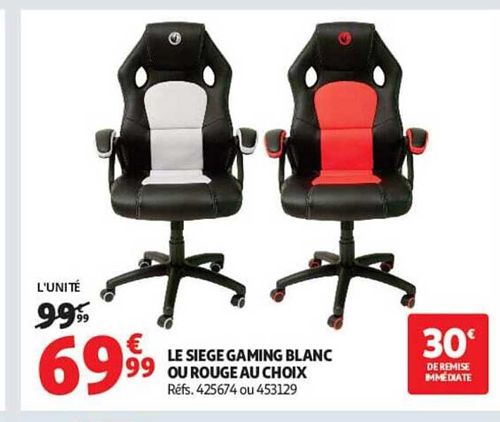 LE SIEGE GAMING BLANC OU ROUGE AU CHOIX