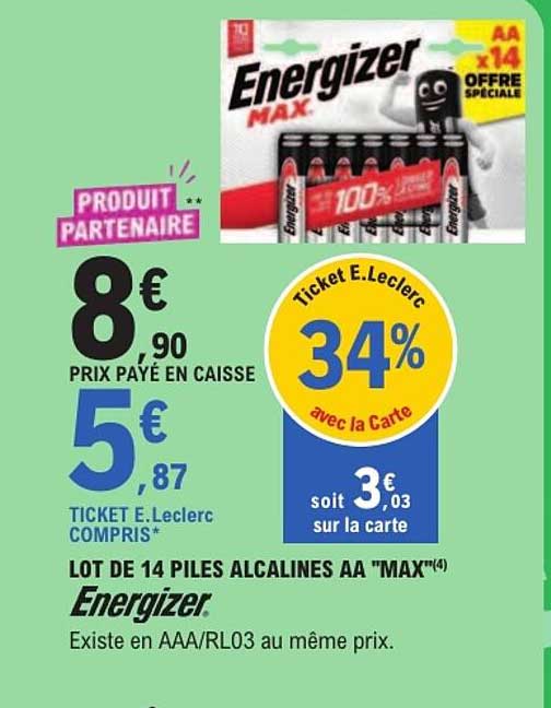 LOT DE 14 PILES ALCALINES AA "MAX" Energizer