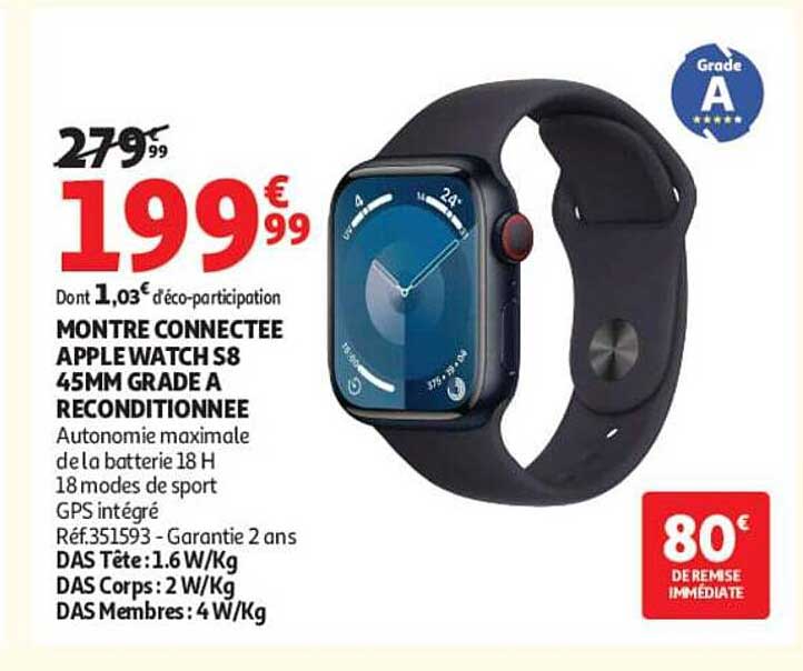 MONTRE CONNECTEE APPLE WATCH S8 45MM GRADE A RECONDITIONNEE