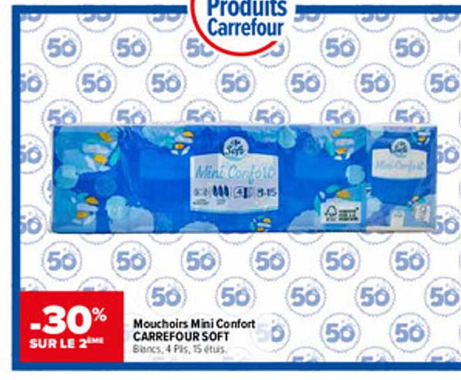 Mouchoirs Mini Confort CARREFOUR SOFT Blancs, 4 plis, 15 étuis.