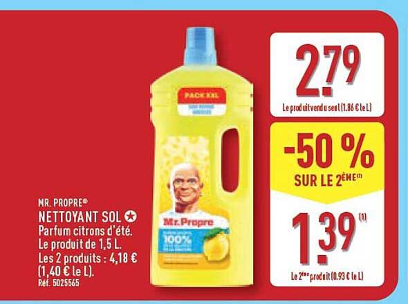 MR. PROPRE® NETTOYANT SOL Parfum citrons d'été. Le produit de 1,5 L. Les 2 produits : 4,18 € (1,40 € le L). Ref. 5025565