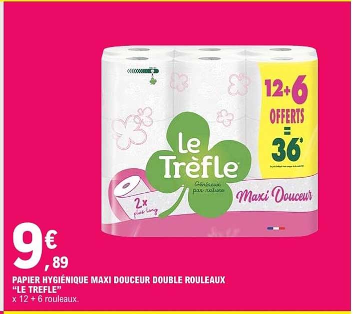 PAPIER HYGIÉNIQUE MAXI DOUCEUR DOUBLE ROULEAUX “LE TREFLE” x 12 + 6 rouleaux.
