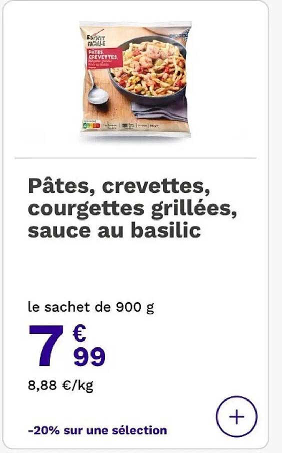 Pâtes, crevettes, courgettes grillées, sauce au basilic