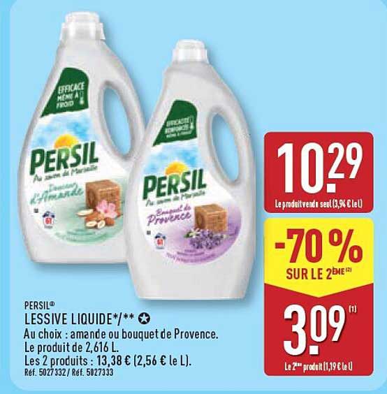 PERSIL LESSIVE LIQUIDE*/** Au choix : amande ou bouquet de Provence. Le produit de 2,616 L. Les 2 produits : 13,38 € (2,56 € le L). Réf. 5027332 / Réf. 5027333