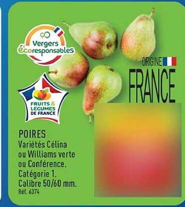 POIRES Variétés Célina ou Williams verte ou Conférence. Catégorie 1. Calibre 50/60 mm. Réf. 6374