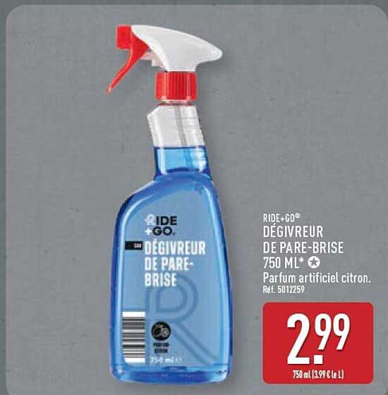 RIDE+GO® DEGIVREUR DE PARE-BRISE 750 ML* Parfum artificiel citron. Réf. 5012259