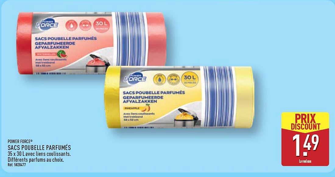 SACS POUBELLE PARFUMÉS 35 x 30 L avec liens coulissants. Différents parfums au choix.