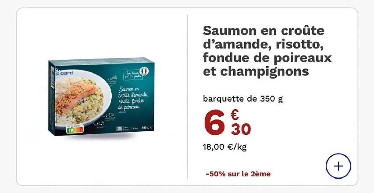 Saumon en croûte d’amande, risotto, fondue de poireaux et champignons