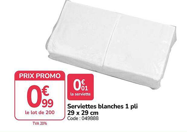Serviettes blanches 1 pli 29 x 29 cm