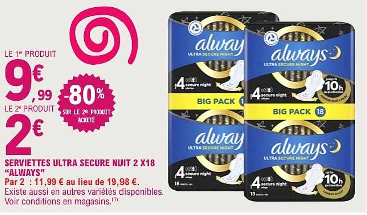 SERVIETTES ULTRA SECURE NUIT 2 X18 “ALWAYS”