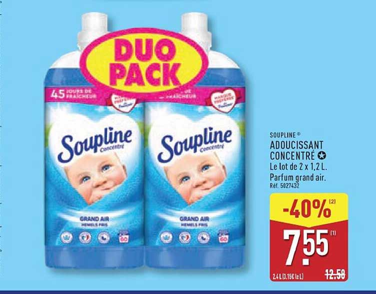 Soupline Adoucissant Concentré - Le lot de 2 x 1,2L. Parfum grand air.