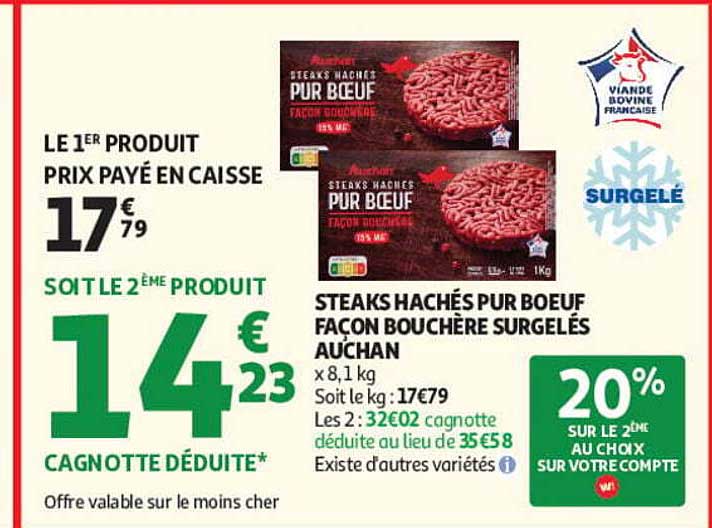 STEAKS HACHÉS PUR BOEUF FAÇON BOUCHÈRE SURGELÉS AUCHAN