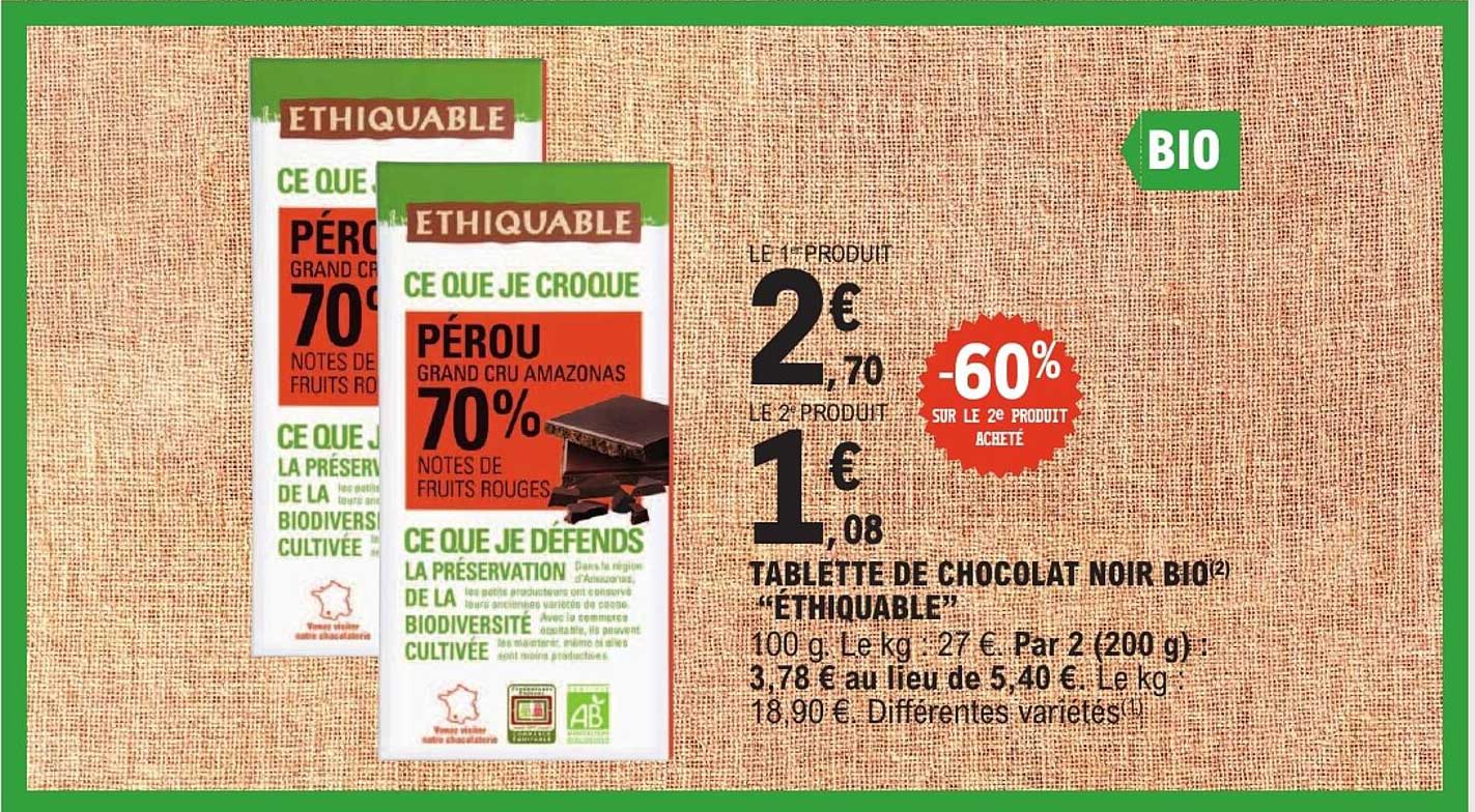 TABLETTE DE CHOCOLAT NOIR BIO “ETHIQUABLE”