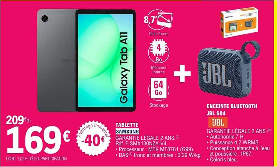 Tablette Samsung Galaxy Tab A11 + enceinte Bluetooth JBL GO4