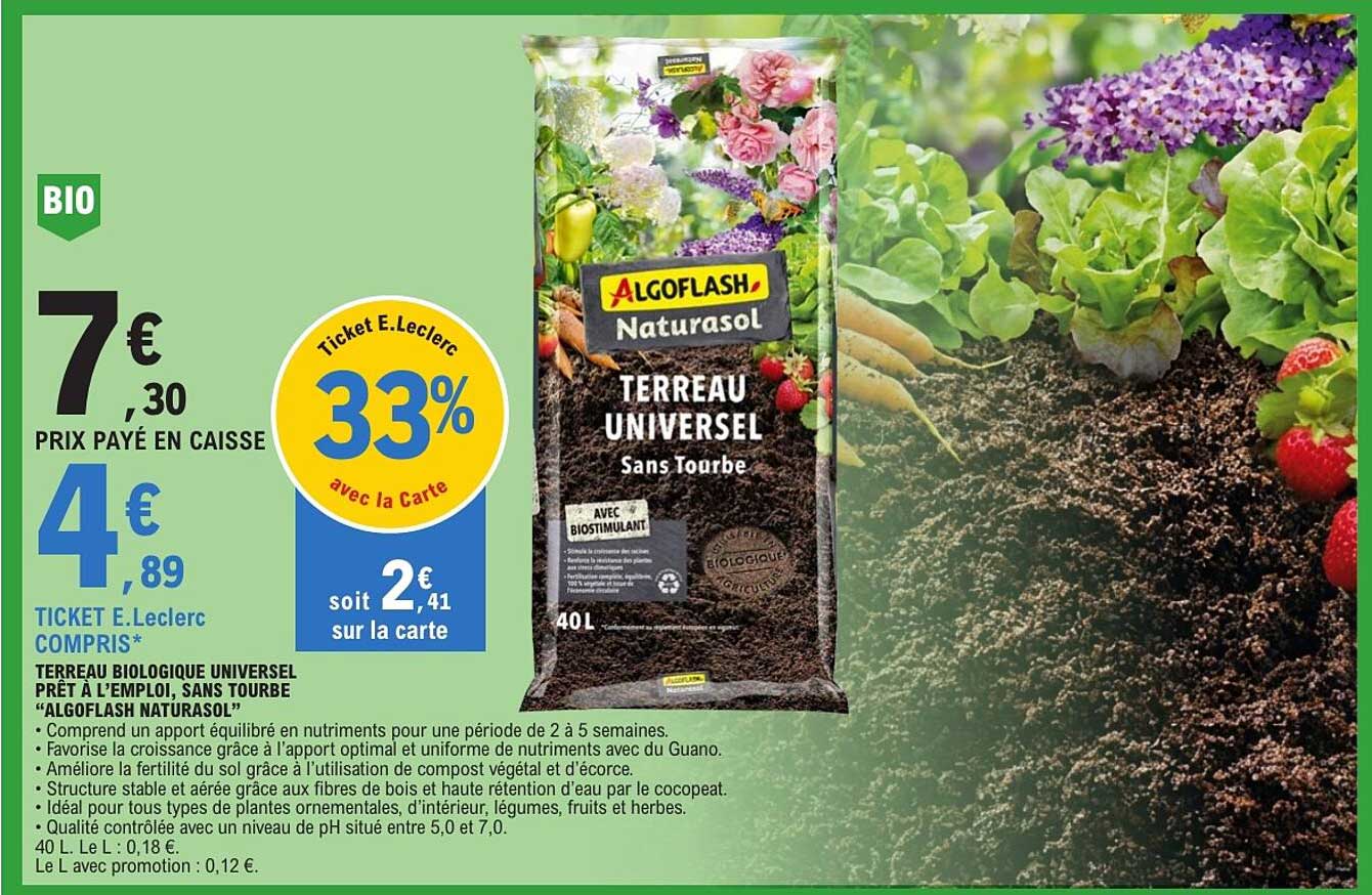 TERREAU BIOLOGIQUE UNIVERSEL PRÊT À L'EMPLOI, SANS TOURBE “ALGOFLASH NATURASOL”
