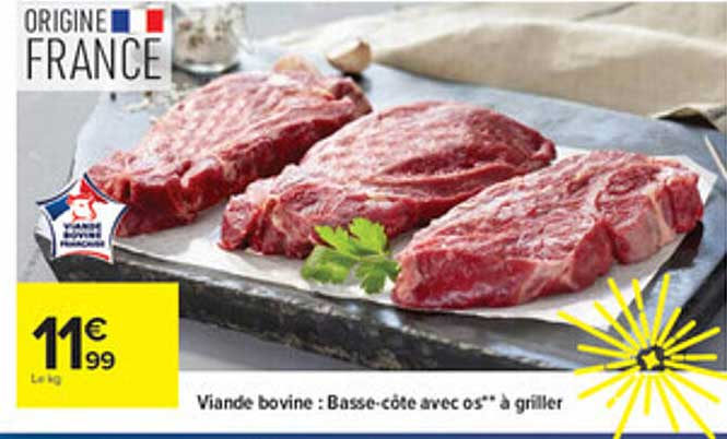 Viande bovine : Basse-côte avec os* à griller