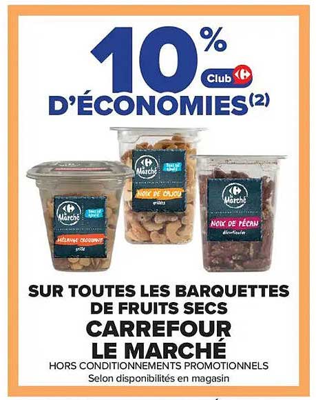 10% d'économies sur toutes les barquettes de fruits secs Carrefour Le Marché