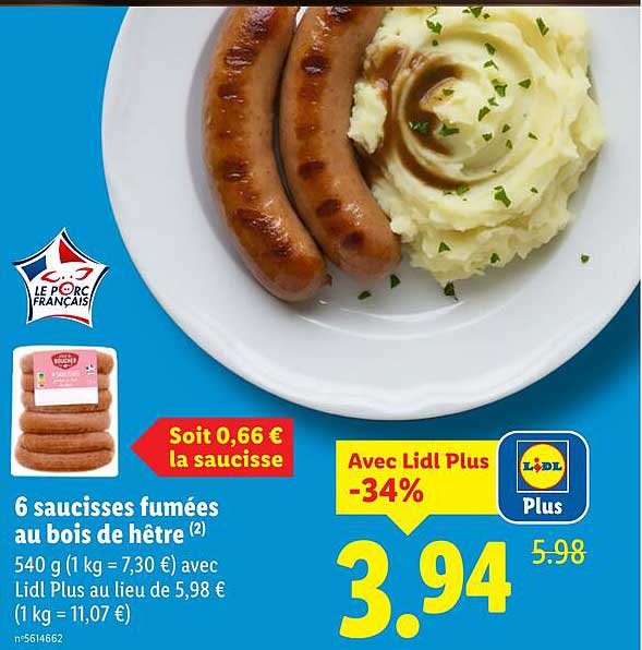 6 saucisses fumées au bois de hêtre