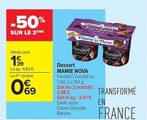 Dessert MAMIE NOVA Fondant Chocolat ou Café, 2 x 150 g
