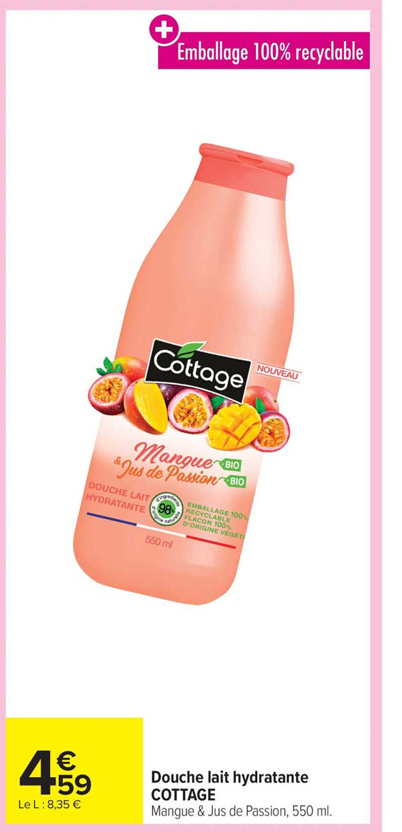 Douche lait hydratante COTTAGE Mangue & Jus de Passion, 550 ml.